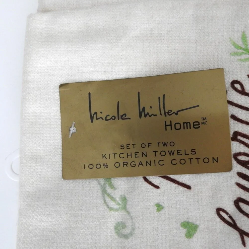 NWT Nicole Miller Gigi Organic Cotton Kitchen Towels Pack 2 Pimpkins Off-white